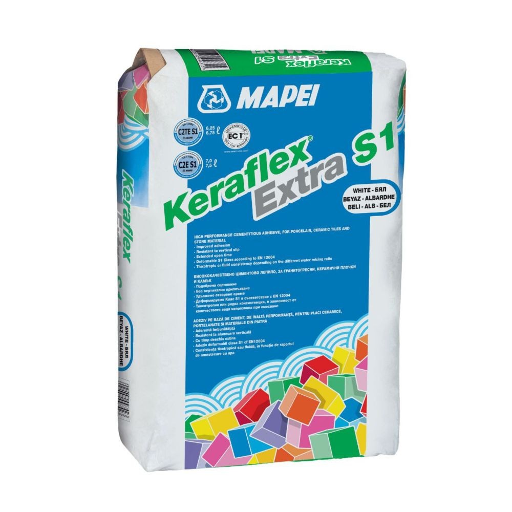 Adeziv placi ceramice si piatra naturala Mapei Keraflex Extra S1, alb, 25 kg