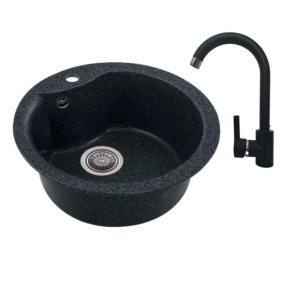 Chiuveta bucatarie Hausberg Pi, cu baterie, granit-compozit, rotund, negru, 480 mm