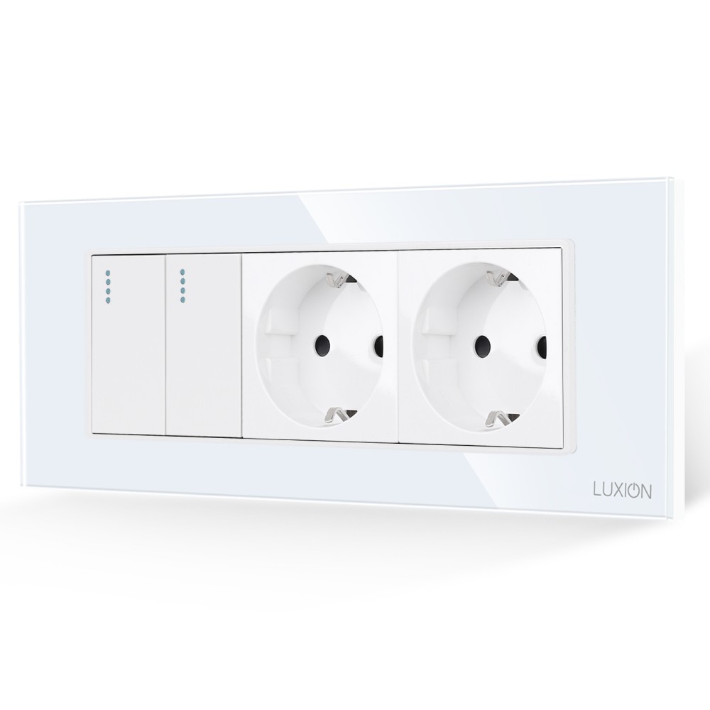 Intrerupator Dublu + 2 Prize cu Rama din Sticla LUXION, Standard Italian, 6M