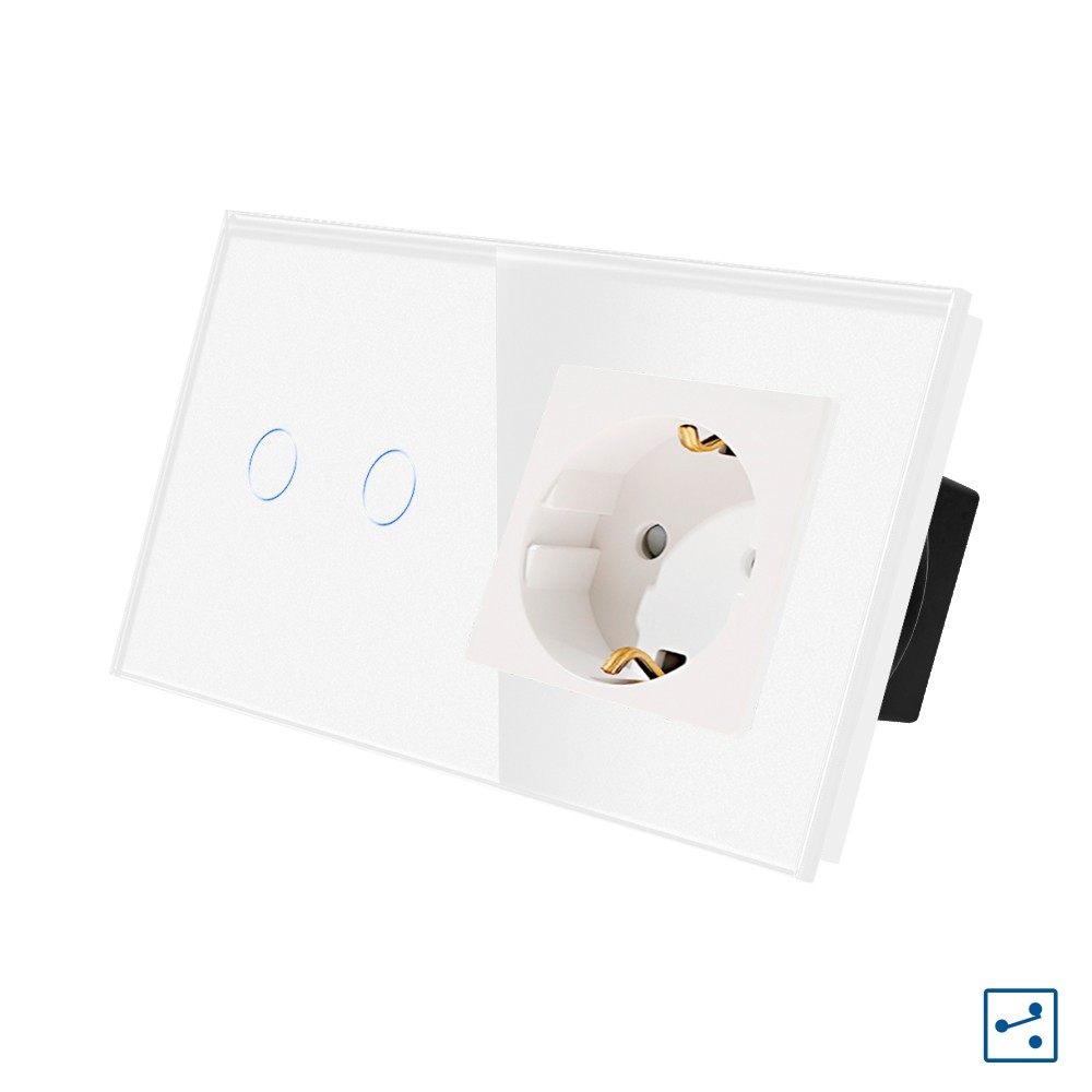 Intrerupator Dublu Cap Scara / Cruce + Priza cu Rama din Sticla LUXION, Serie A