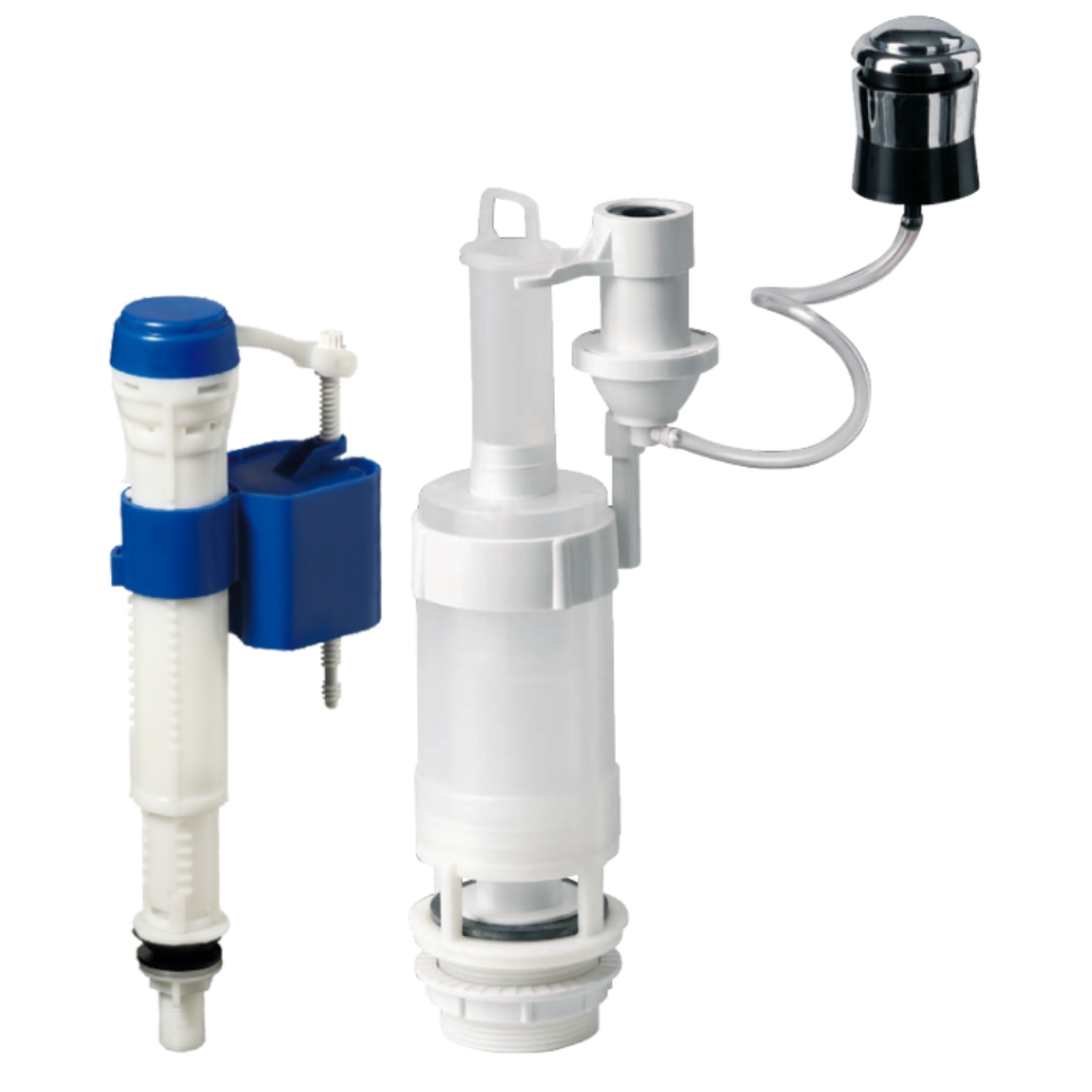 Mecanism WC + robinet flotor cu intrare verticala, actionare pneumatica, 3/8, buton argintiu, 27 cm