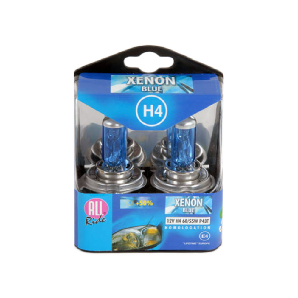 Set becuri auto All Ride Xenon Blue, H4 + 50%, 55W, 12V, P43T, 2 buc