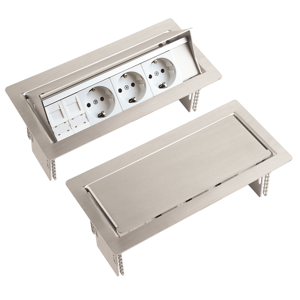 Sistem prize incorporabile in birou Agen Pop-Up, 3 prize + CAT 5 + CAT 3, inox