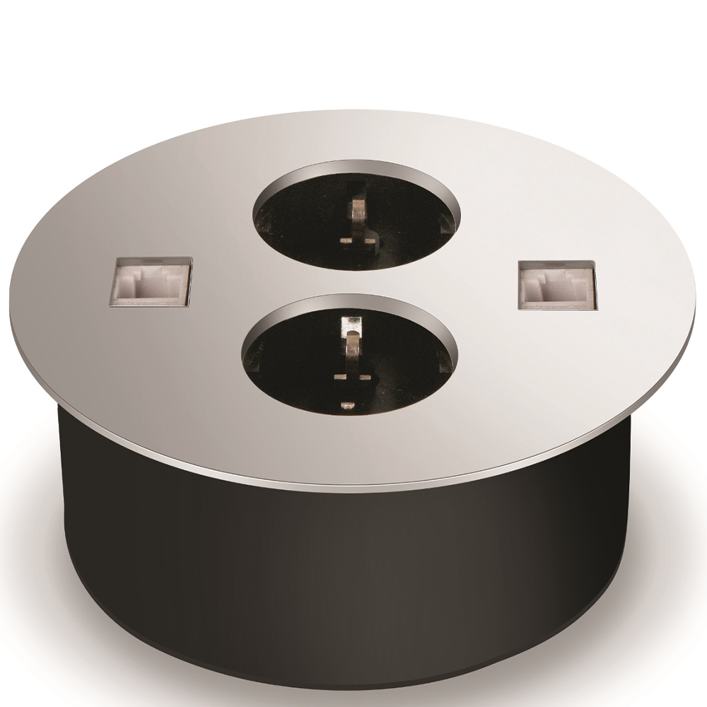 Sistem prize incorporabile in birou Sirius-304, 2 prize + CAT 5 + CAT 3, inox