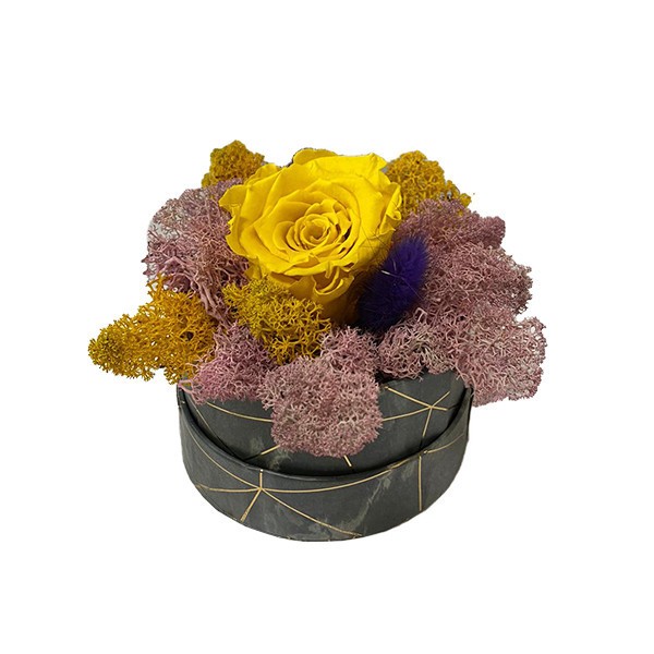 Aranjament Floral, cutie cu trandafir criogenat pe pat de licheni naturali stabilizati