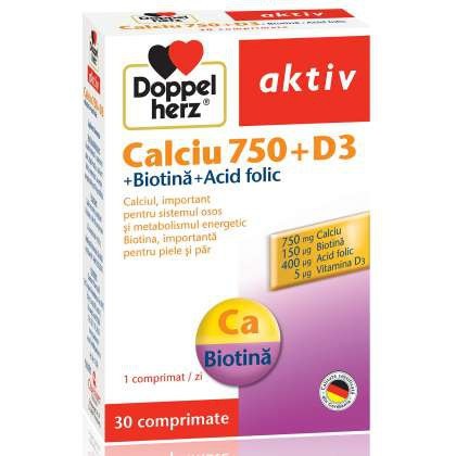 Calciu cu D3 plus Biotina si Acid Folic DoppelHerz 30 tablete (Concentratie: 750 mg)