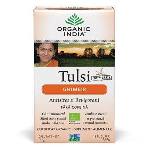 Ceai Tulsi (Busuioc Sfant) Ghimbir Antistres Natural si Revigorant, plicuri Organic Indian