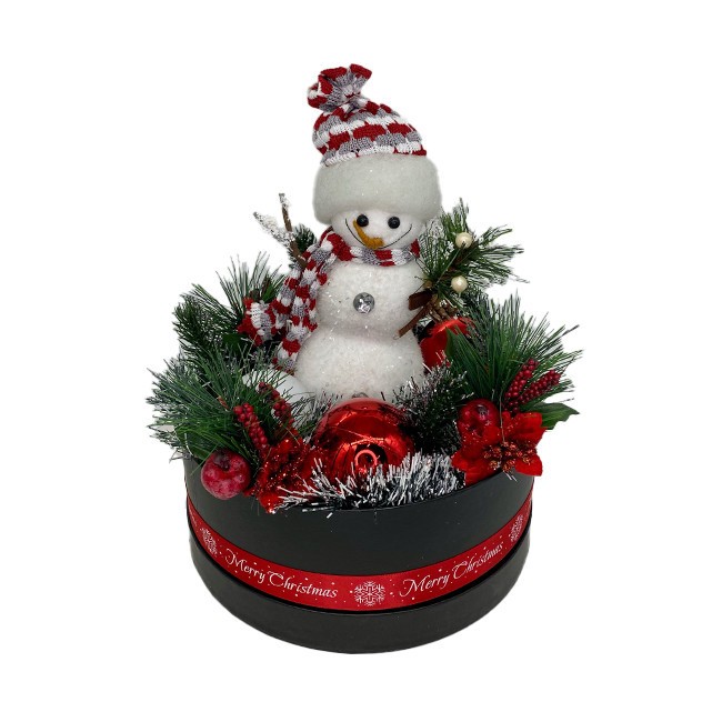 Decoratiune de Craciun Santa Christmas, cutiuta rotunda cu LED, decorat cu un omulet de zapada, globuri si crengute de brad 25 x 35 cm
