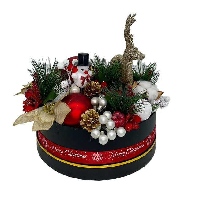 Decoratiune de Craciun Santa Christmas, decor pentru masa de Craciun cu globulete, crengute de brand, ren si omulet de zapada 25 X 30 cm
