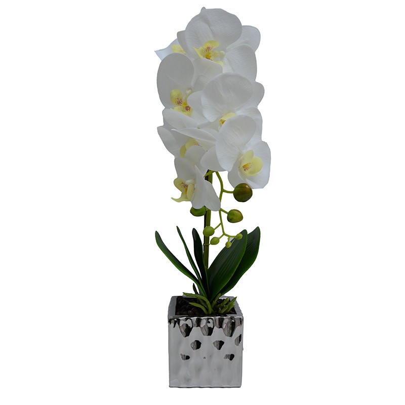 Orhidee cu aspect natural in ghiveci ceramic argintiu, 50 cm (CULOARE: alb)