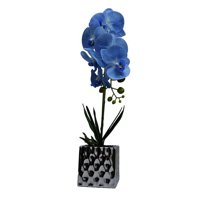 Orhidee cu aspect natural in ghiveci ceramic argintiu, 50 cm (CULOARE: Albastru)