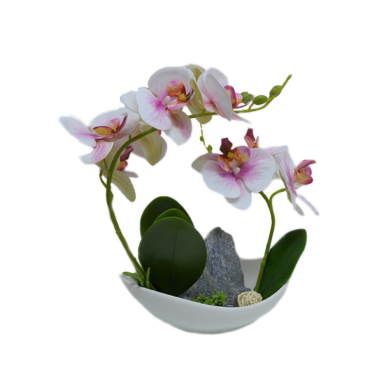 Orhidee cu aspect natural in ghiveci ceramic barcuta, alb, 25 cm (CULOARE: Multicolor)