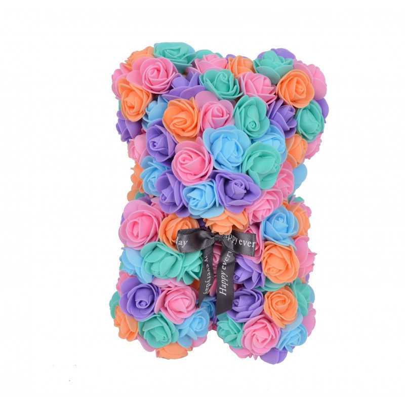 Ursulet floral multicolor din Trandafiri 25 cm, decorat manual, cutie cadou, roz-mov-albastru (Culoare bijuterii: Multicolor)