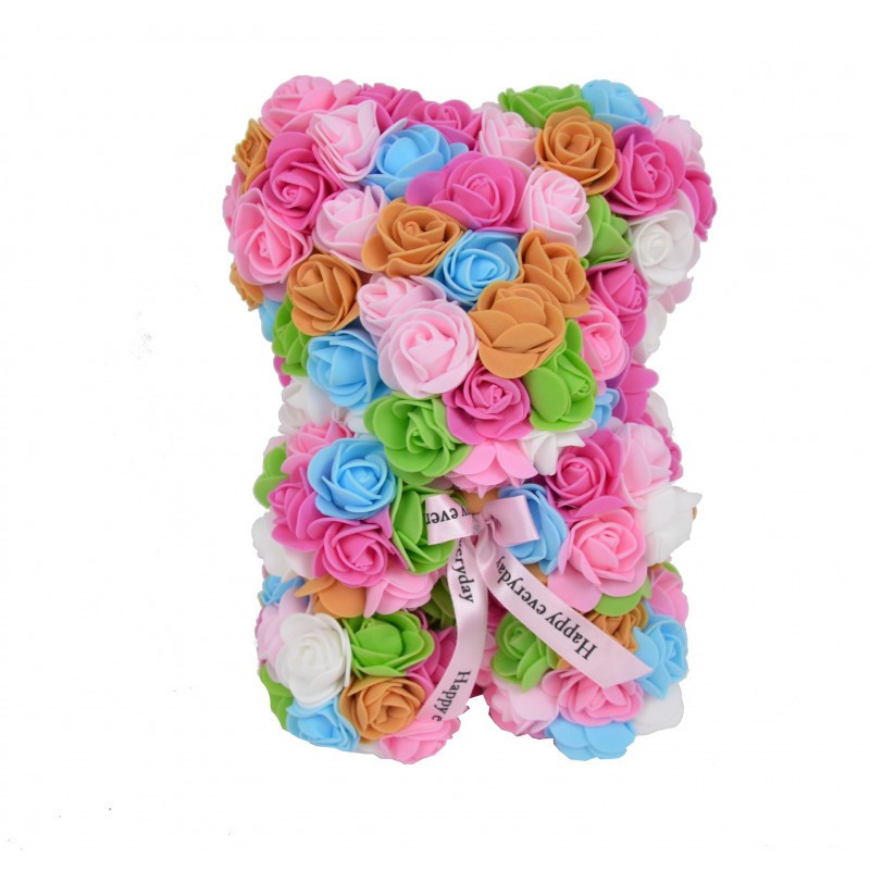 Ursulet floral multicolor din Trandafiri 25 cm, decorat manual, cutie cadou, roz-somon-albastru (Culoare bijuterii: Multicolor)