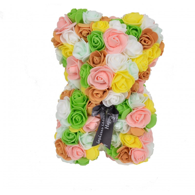 Ursulet floral multicolor din Trandafiri 25 cm, decorat manual, cutie cadou, verde-somon-alb (Culoare bijuterii: Multicolor)