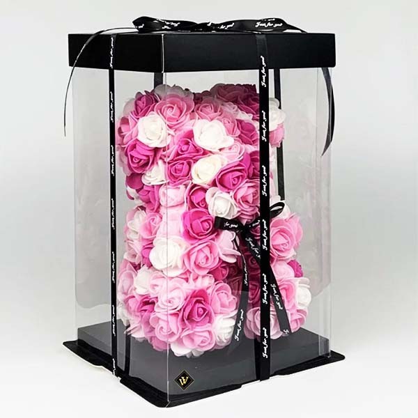 Ursulet Floral Triple color din Trandafiri spuma in cutie cadou, 25 cm, alb-roz (TIP PRODUS: Ursulet decorativ din trandafiri)